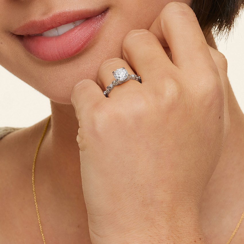 Round Cut Diamond Engagement Ring, Nature Inspired Leaf Band Ring, Floral Vine Gold Ring