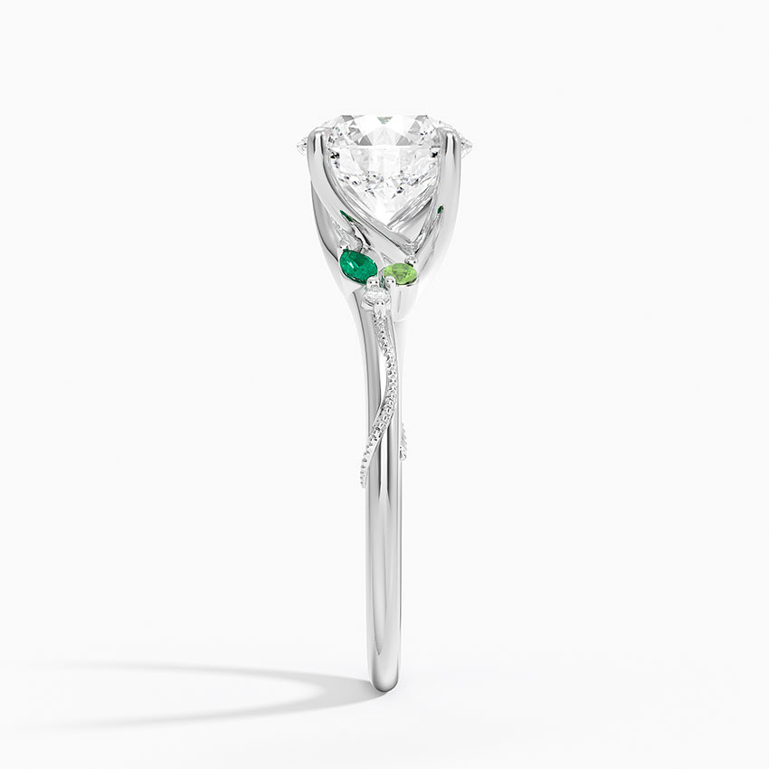 Round Cut Moissanite Engagement Ring with Green Accent Stones, Nature Inspired Leaf Design Ring, Promise Ring for Women
