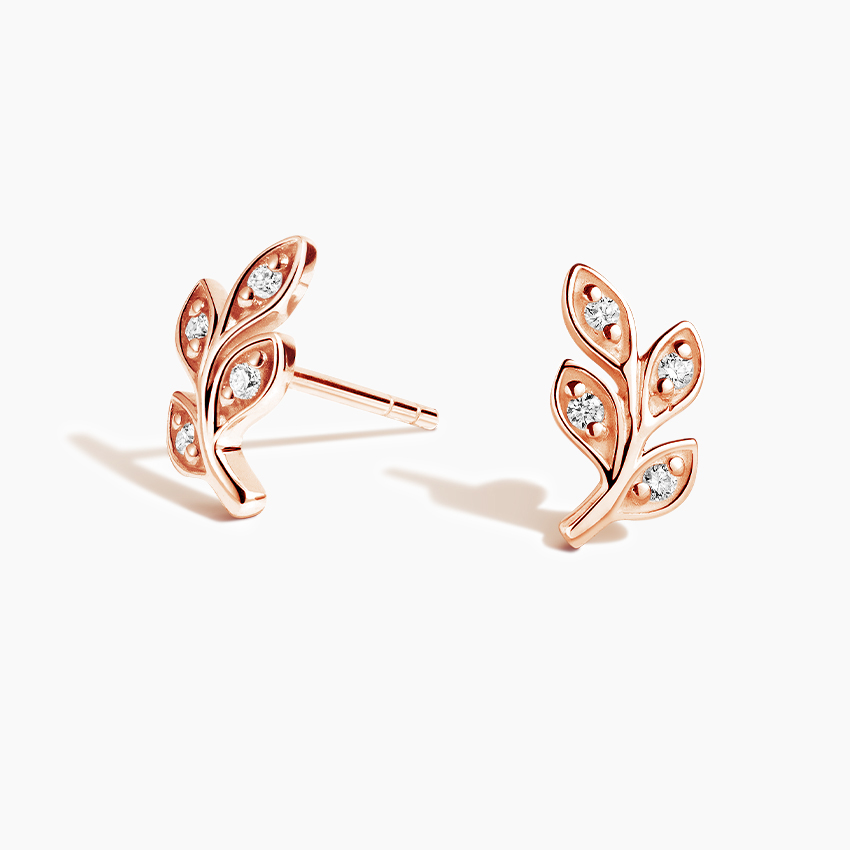 Minimalist Diamond Leaf Stud Earrings, Nature Inspired Gold Leaf Earrings, Dainty Rose Gold Studs