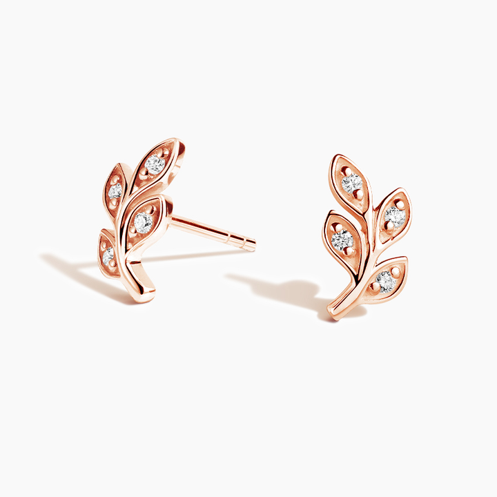 Minimalist Diamond Leaf Stud Earrings, Nature Inspired Gold Leaf Earrings, Dainty Rose Gold Studs