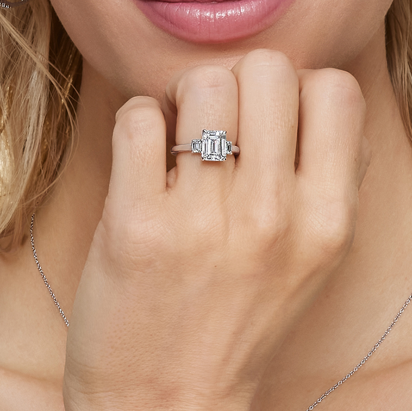 Emerald Cut Diamond Three Stone Ring, Engagement Ring, Classic Solitaire with Side Baguettes