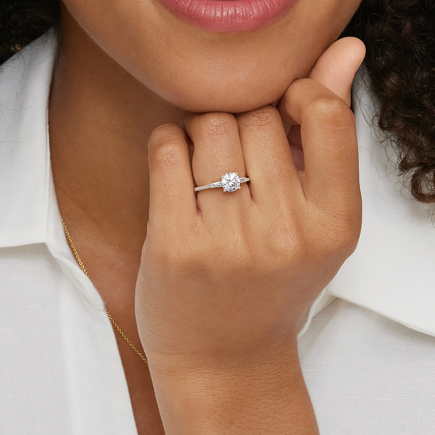 Radiant Cut Solitaire Engagement Ring with Tapered Side Stones, Elegant 3 Stone Diamond Ring