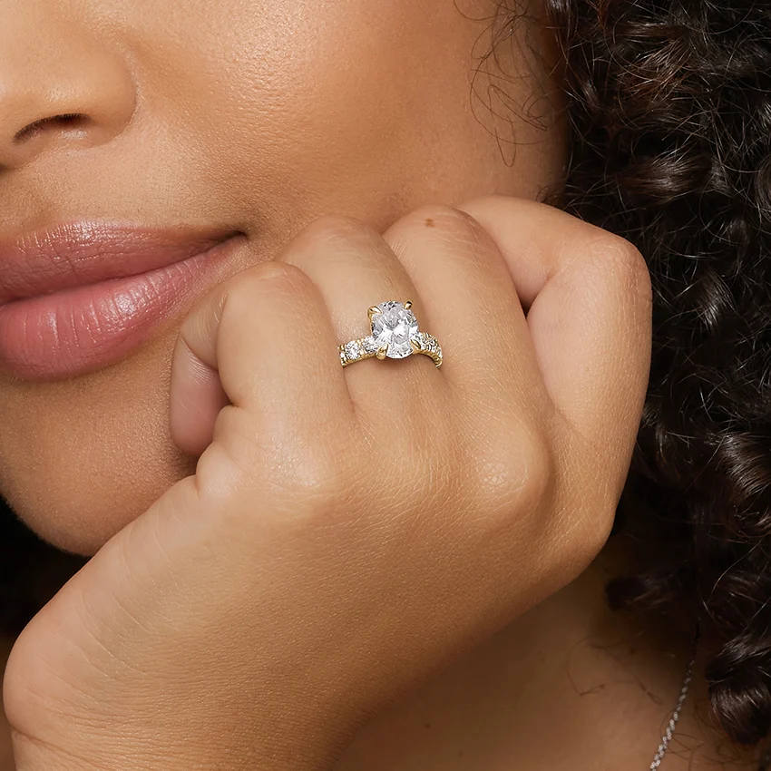 Round Cut Moissanite Engagement Ring, Diamond Pave Band Ring, Hidden Halo Style Bridal Ring