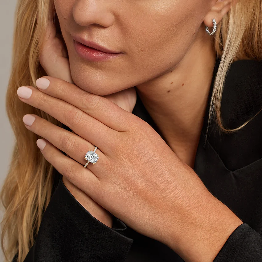 Radiant Cut Diamond Engagement Ring, Hidden Halo Pavé Band Ring, Thin Gold Solitaire Ring