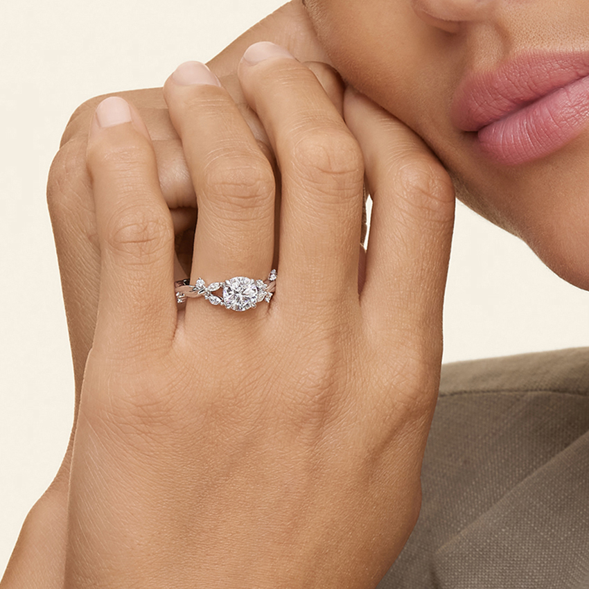 Twisted Vine Moissanite Engagement Ring, Round Cut Solitaire with Leaf Side Stones, Nature Inspired Gold Ring