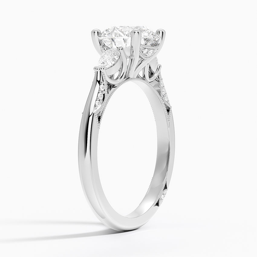 Round Brilliant Cut Diamond Engagement Ring with Pear Side Stones, plit Shank Milgrain Band