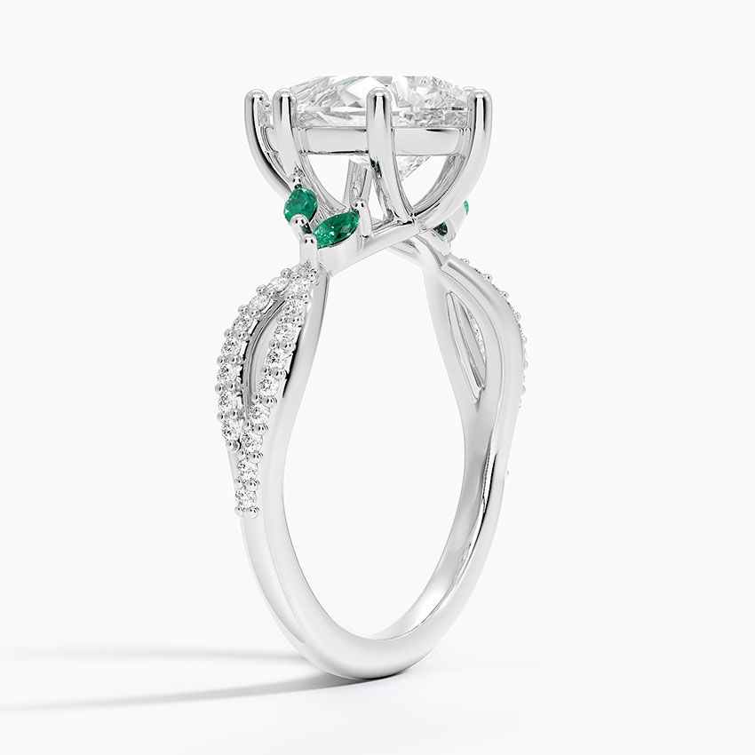 Pear Cut Moissanite Engagement Ring with Emerald Accents, Nature Inspired Leaf Ring, Split Shank Diamond Ring