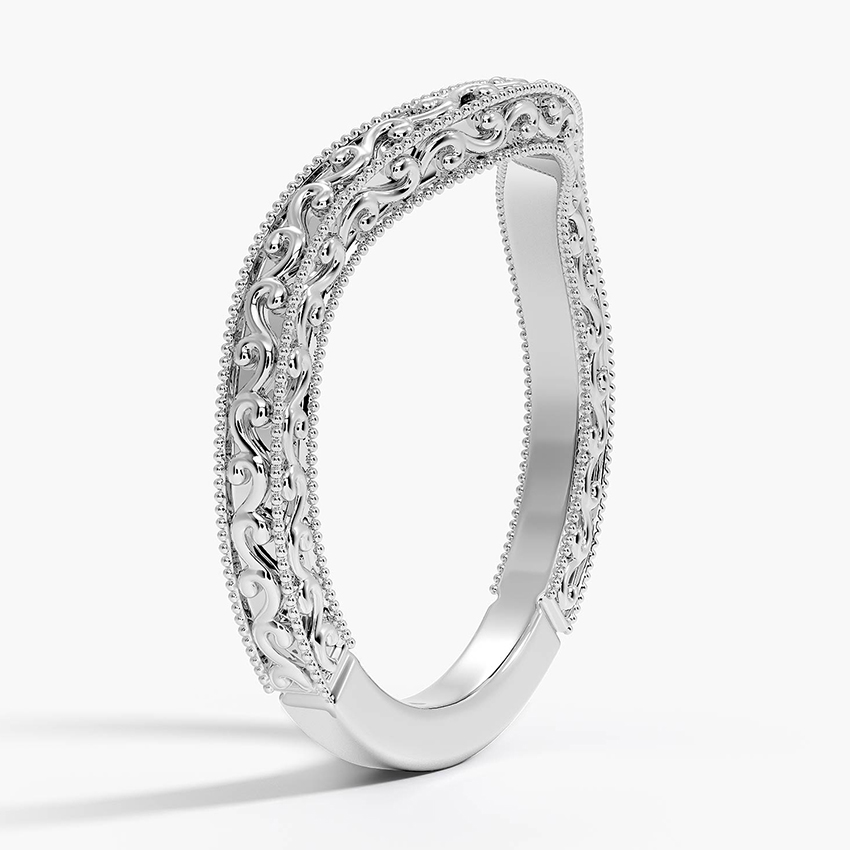 Vintage Curved Wedding Band, Engraved V-Shaped Ring, Milgrain Scroll Band