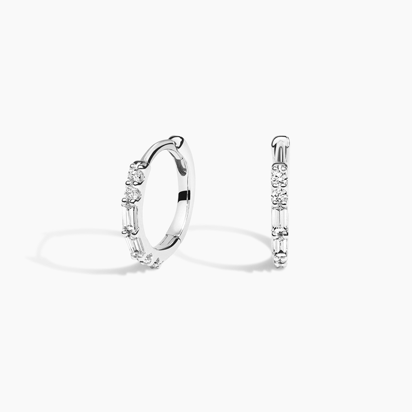 Diamond Baguette & Round Hoop Earrings, Minimalist Gold & Silver Huggie Hoops