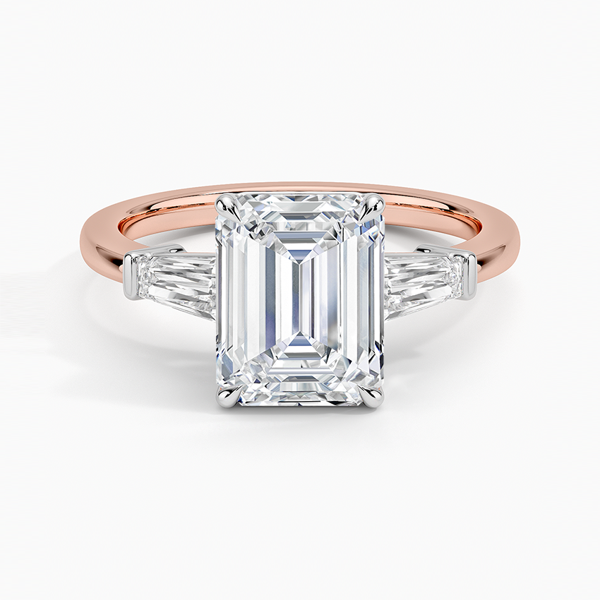 Emerald Cut Diamond Engagement Ring with Trapezoid Side Stones, Two Tone Gold Solitaire Ring