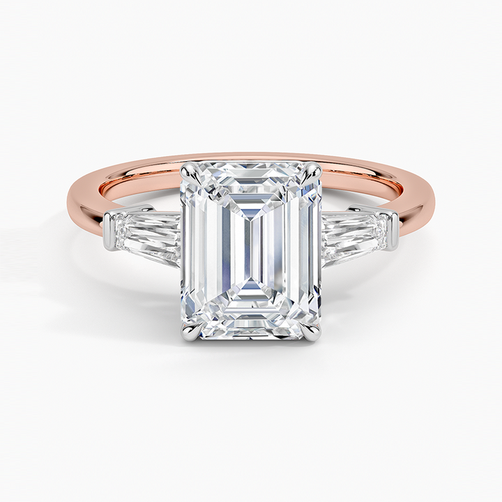 Emerald Cut Diamond Engagement Ring with Trapezoid Side Stones, Two Tone Gold Solitaire Ring