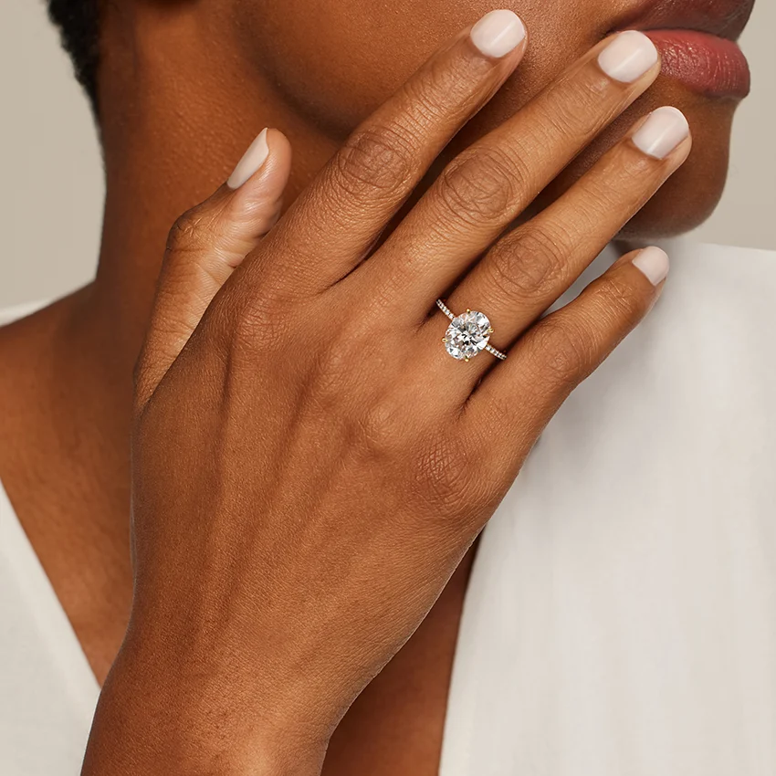 Oval Cut Diamond Engagement Ring, Hidden Halo Pavé Band Ring,Minimalist Engagement Ring for Women