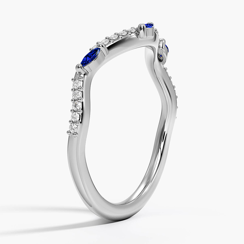 Blue Sapphire Marquise Wedding Band, Curved Diamond V Ring, Stacking Anniversary Ring