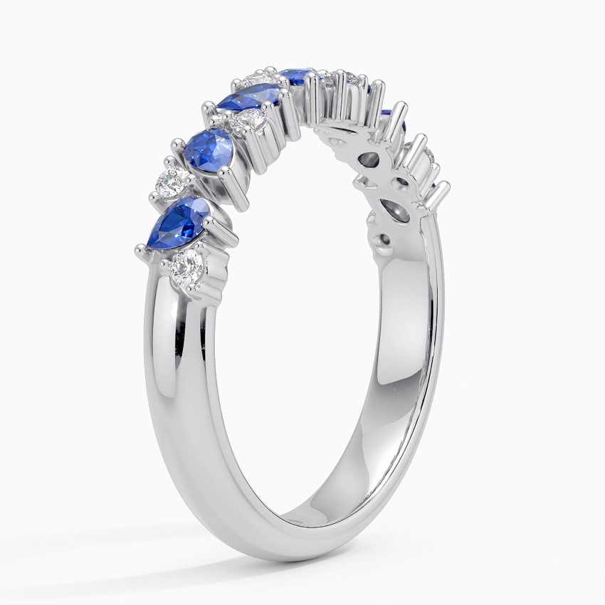 Blue Sapphire & Diamond Half Eternity Ring, Pear Cut Sapphire Wedding Band, Anniversary Gift Ring
