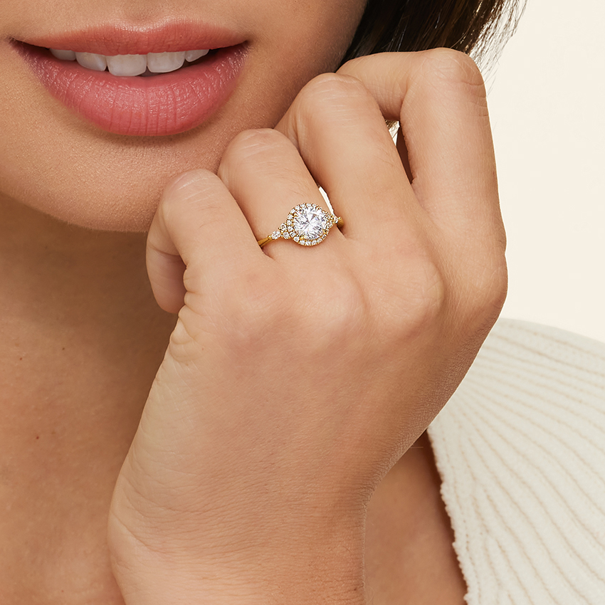 Round Cut Halo Engagement Ring, Diamond Cluster Side Stone Ring, Vintage Inspired Bridal Ring