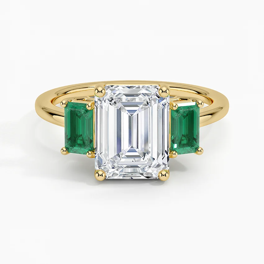 Emerald Cut Diamond Three Stone Ring with Green Emerald Side Stones,Solid Gold Engagement Ring