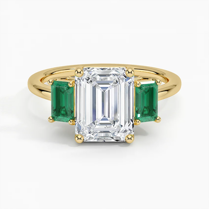 Emerald Cut Diamond Three Stone Ring with Green Emerald Side Stones,Solid Gold Engagement Ring