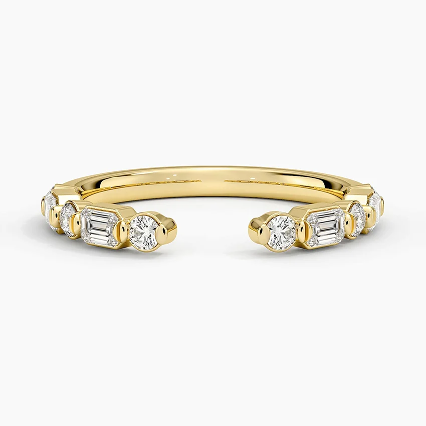Open Diamond Cuff Ring, Baguette & Round Cut Diamond Ring, Minimalist Open Band Ring