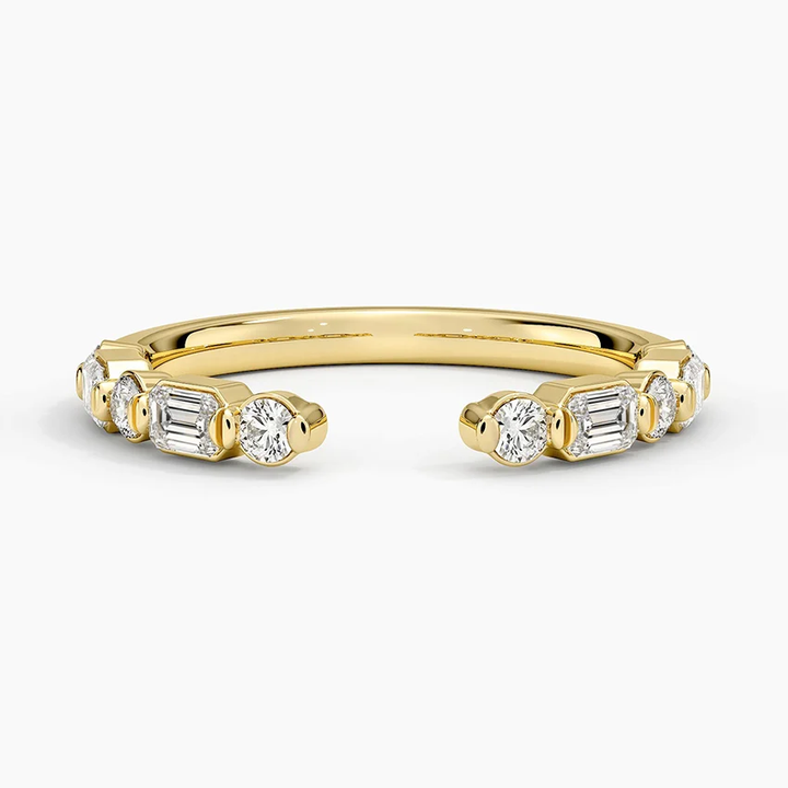 Open Diamond Cuff Ring, Baguette & Round Cut Diamond Ring, Minimalist Open Band Ring