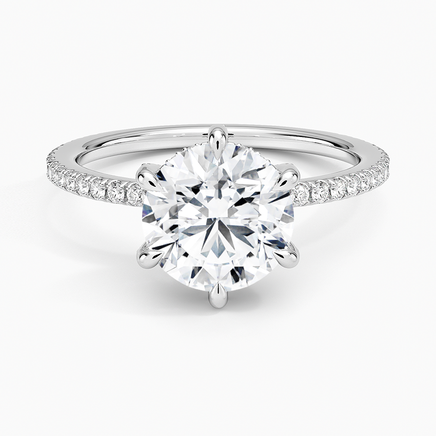 Round Cut Moissanite Engagement Ring, 6 Prong Solitaire Ring, Pave Diamond Band