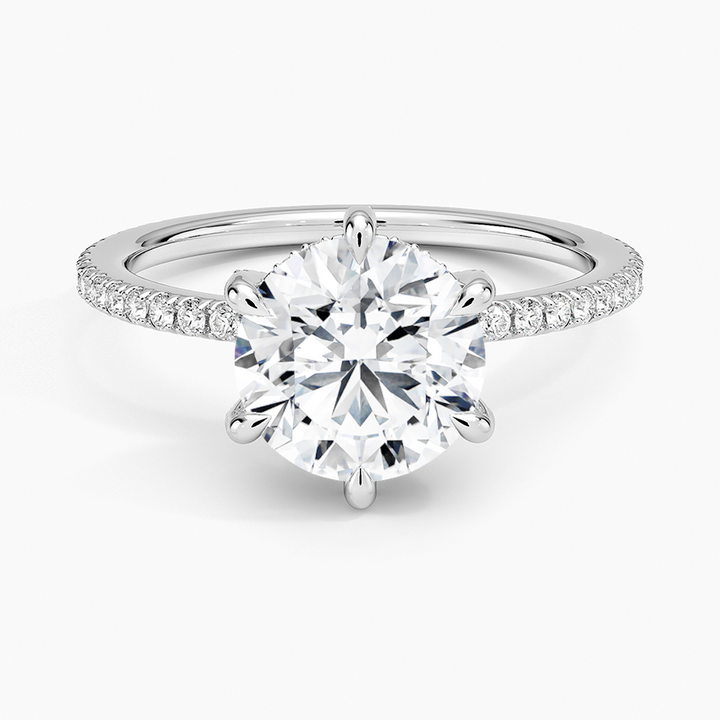 Round Cut Moissanite Engagement Ring, 6 Prong Solitaire Ring, Pave Diamond Band