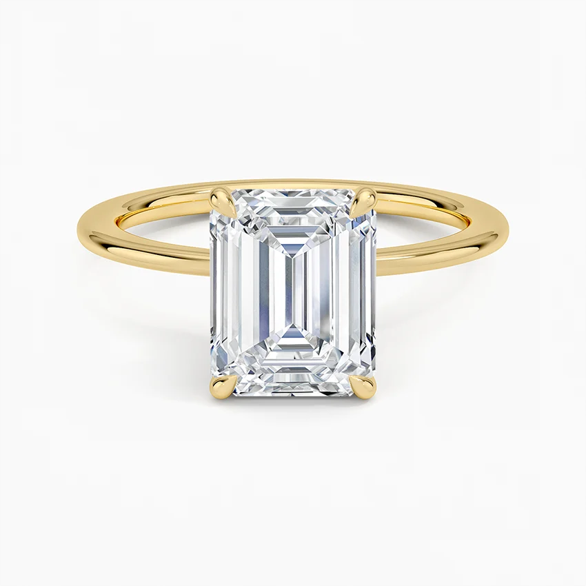 Emerald Cut Solitaire Engagement Ring, Hidden Halo Diamond Ring, Minimalist Prong Setting Ring