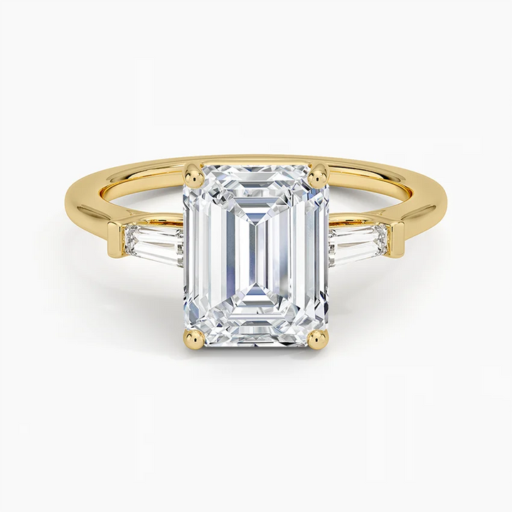 Emerald Cut Diamond Engagement Ring with Tapered Baguette Side Stones, Minimalist Three Stone Ring, Bridal Jewelry