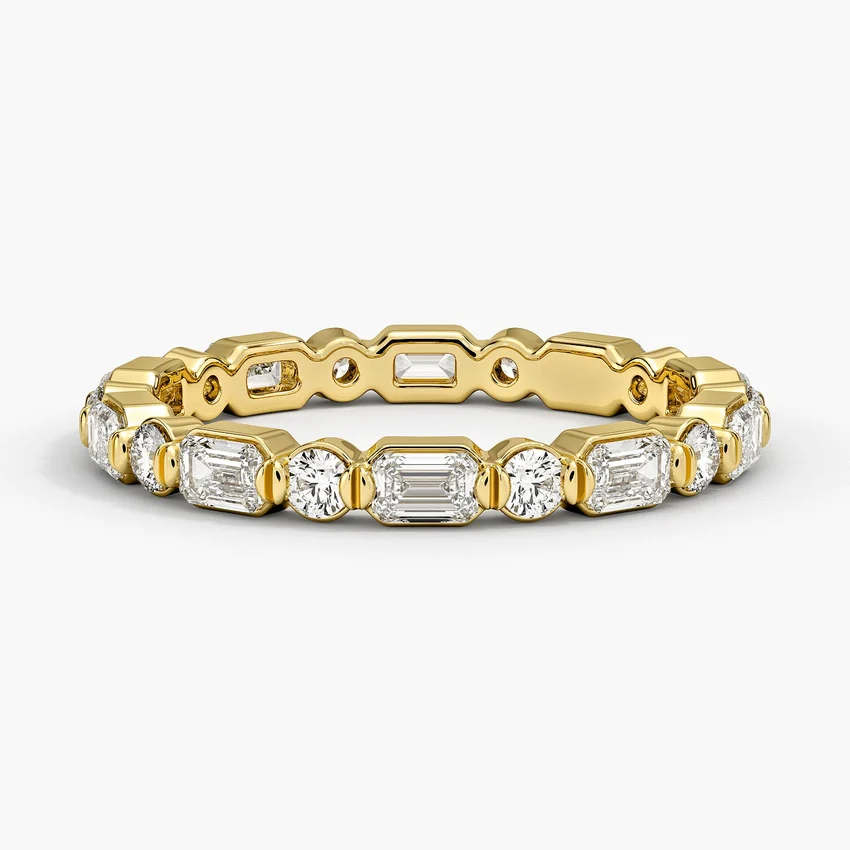Emerald & Round Cut Diamond Eternity Band, Full Eternity Wedding Ring, Minimalist Luxury Band