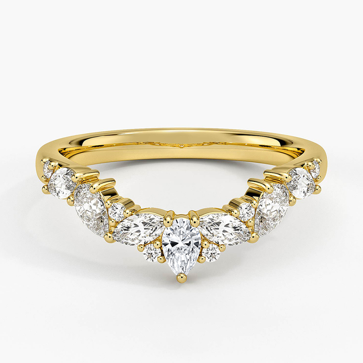 V Shape Diamond Wedding Band, Pear & Marquise Diamond Ring, Curved Stackable Band