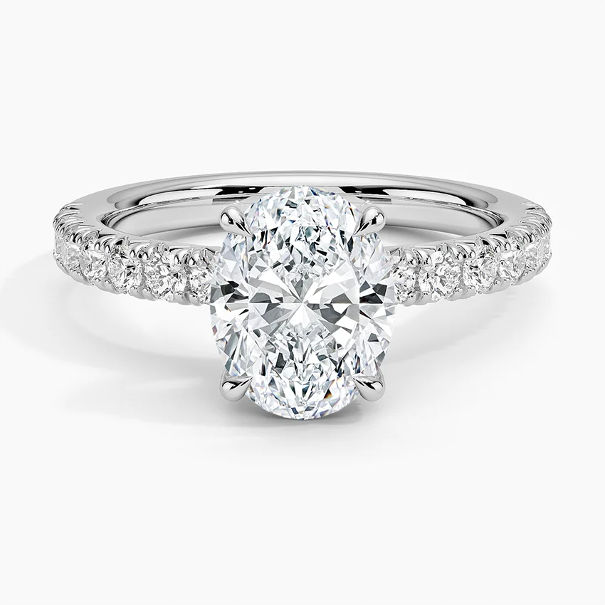 Oval Cut Moissanite Engagement Ring, Hidden Halo Diamond Ring, Pave Band Bridal Ring