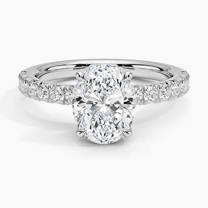 Oval Cut Moissanite Engagement Ring, Hidden Halo Diamond Ring, Pave Band Bridal Ring