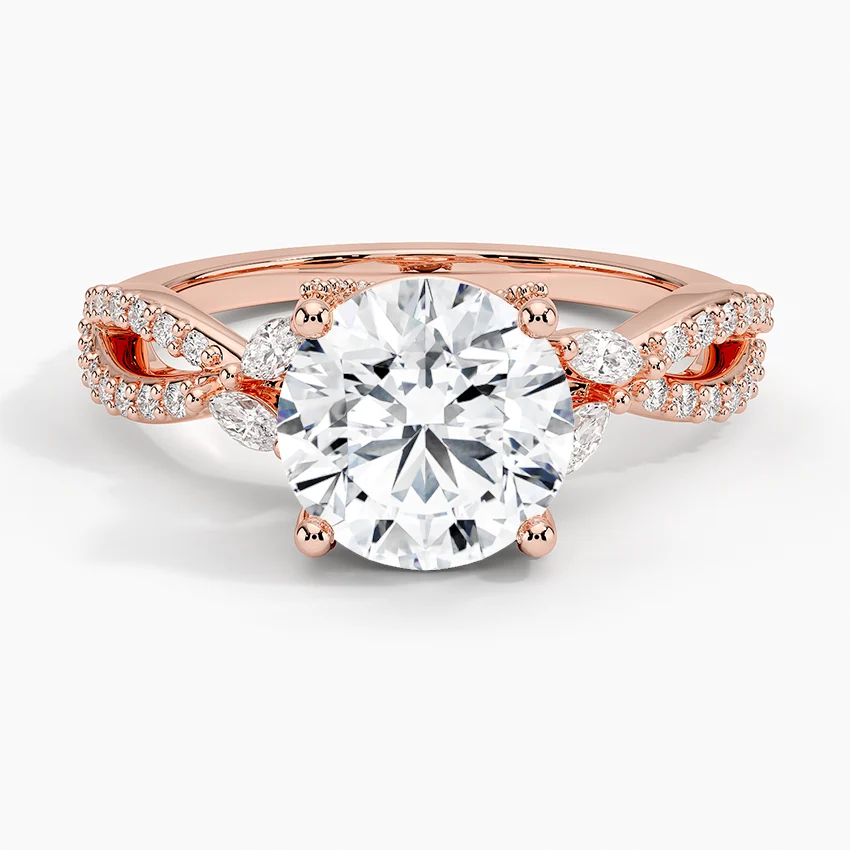 Twisted Band Round Diamond Engagement Ring, Pavé Diamond Twist Ring, Unique Bridal Ring