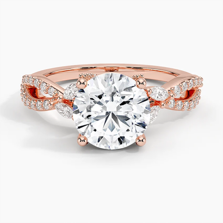 Twisted Band Round Diamond Engagement Ring, Pavé Diamond Twist Ring, Unique Bridal Ring