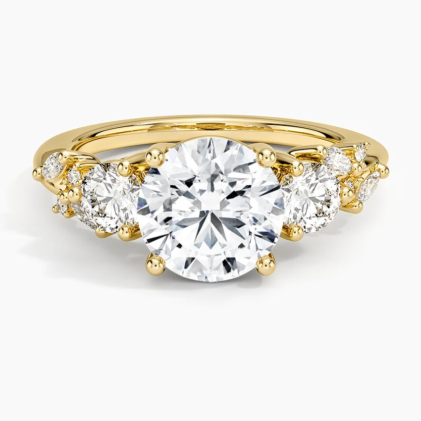 Round Cut Moissanite Engagement Ring with Marquise Side Stones, Solid Gold Promise Ring, l Diamond Ring