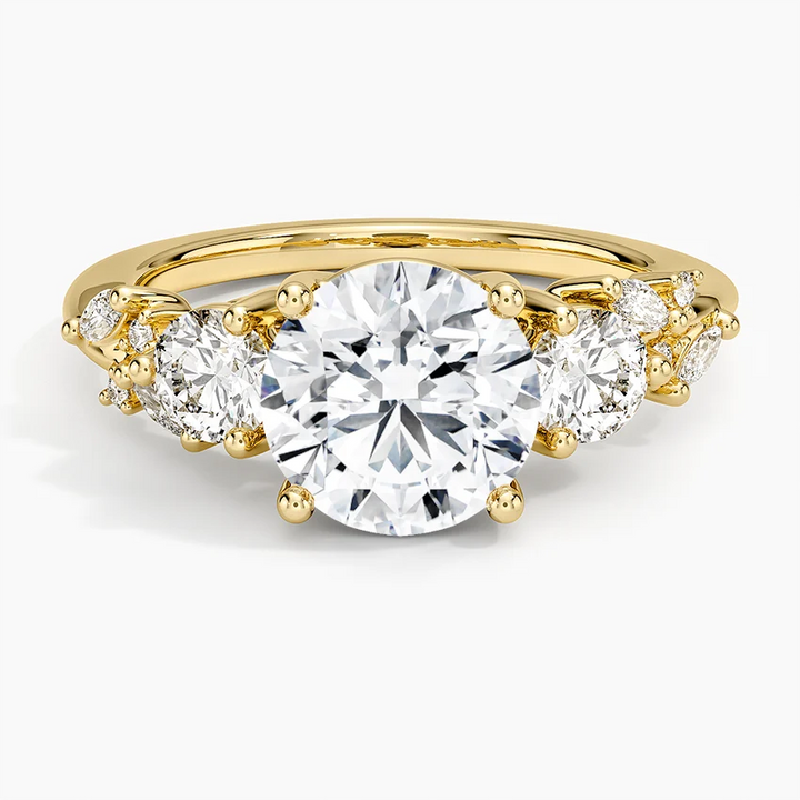 Round Cut Moissanite Engagement Ring with Marquise Side Stones, Solid Gold Promise Ring, l Diamond Ring
