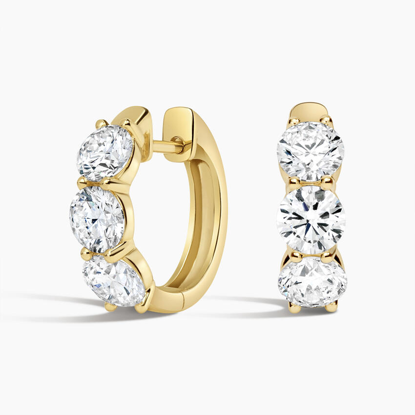 Three Stone Diamond Hoop Earrings, Minimalist Round Cut Diamond Huggie Hoops for Women