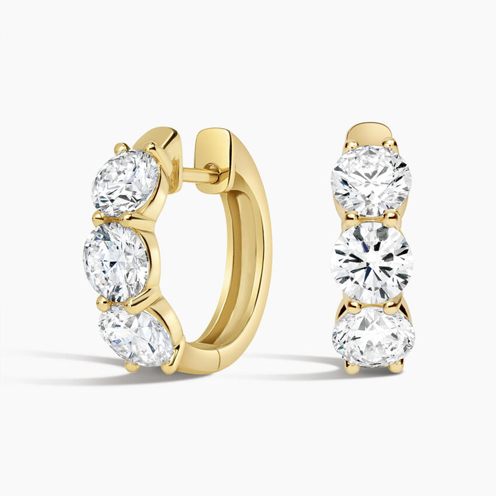 Three Stone Diamond Hoop Earrings, Minimalist Round Cut Diamond Huggie Hoops for Women