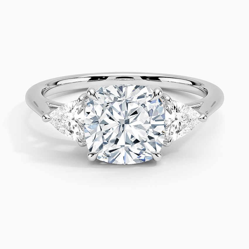 Cushion Cut Diamond Engagement Ring, Three Stone Diamond Ring, Trillion Side Stones