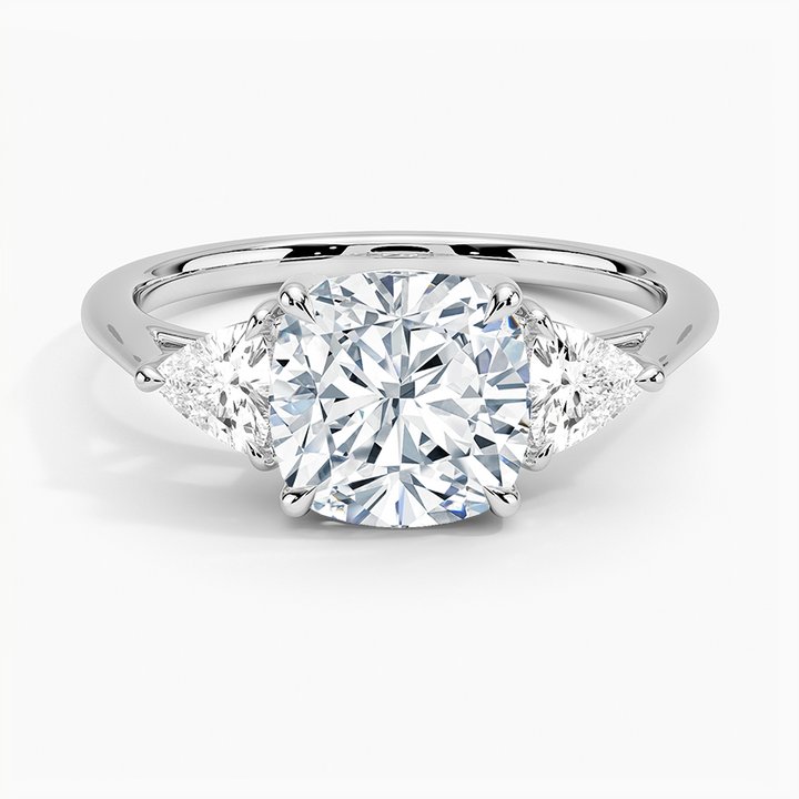 Cushion Cut Diamond Engagement Ring, Three Stone Diamond Ring, Trillion Side Stones