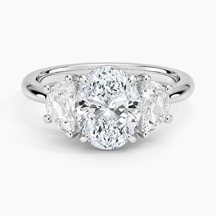 Oval Cut Three Stone Diamond Engagement Ring, Hidden Halo Side Stones Ring, Solid Gold Promise Ring