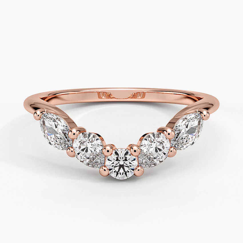 Five Stone Diamond Chevron Ring, Marquise & Round Cut Wedding Band, Curved V Shape Anniversary Ring