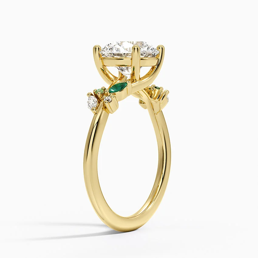 Round Cut Moissanite Engagement Ring with Emerald Leaf Side Stones, Nature Inspired Bridal Ring, Solid Gold Solitaire Ring (Copy)