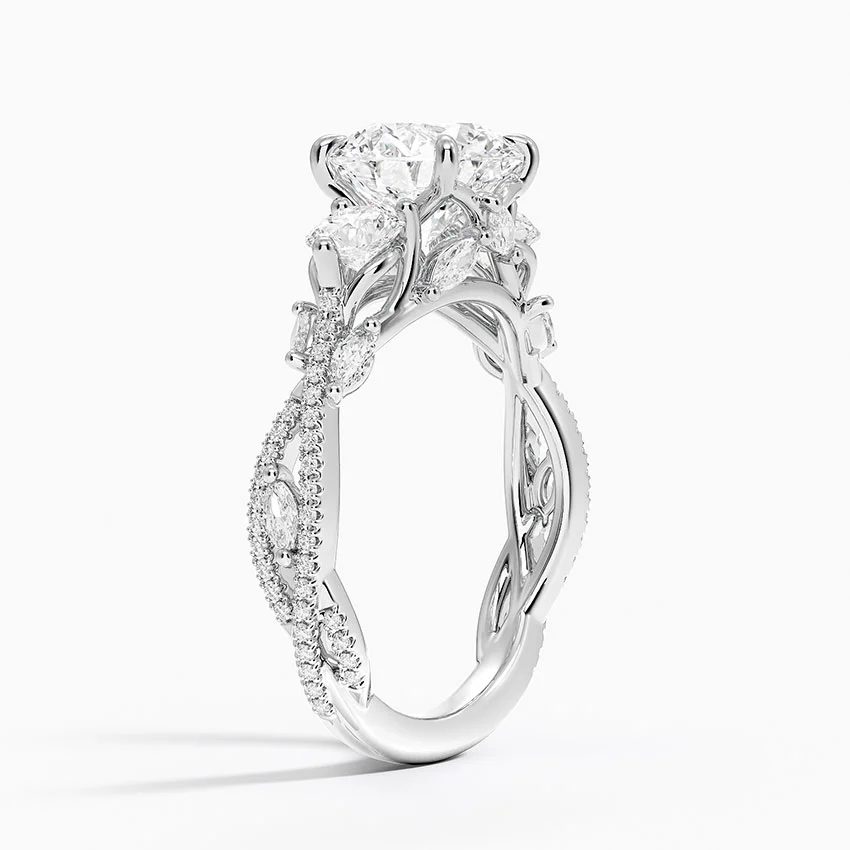 Twisted Vine Three Stone Diamond Engagement Ring, Round Cut Center with Side Diamonds