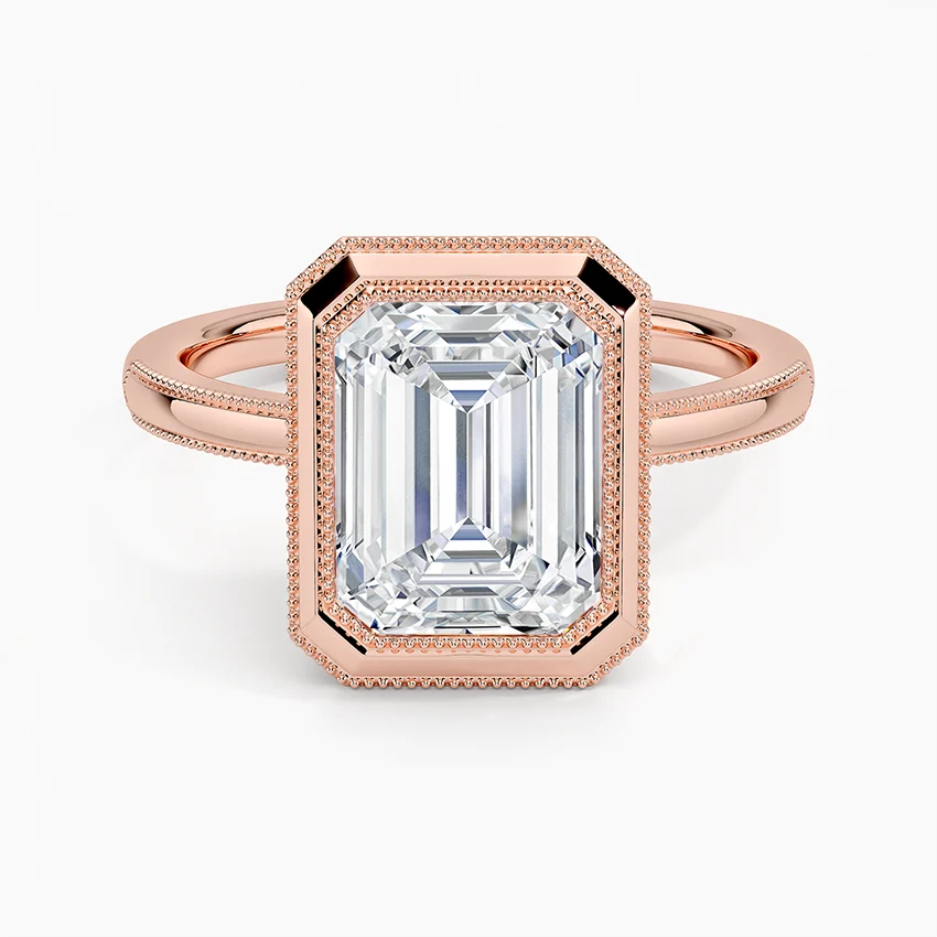 Emerald Cut Diamond Bezel Engagement Ring, Double Halo Milgrain Setting, Split Shank Solitaire Ring