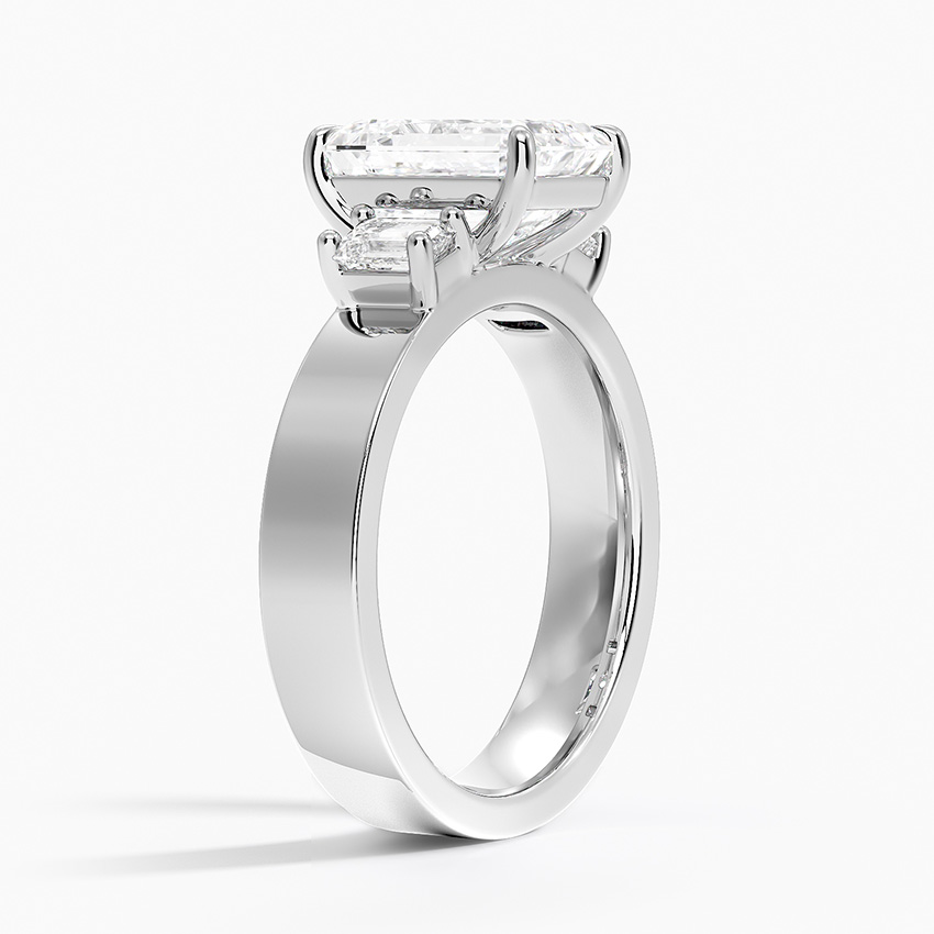 Emerald Cut Diamond Engagement Ring, Three Stone Diamond Ring, Wide Band Solitaire Ring