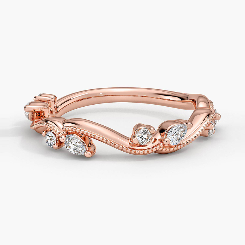 Curved Diamond Wedding Band, Marquise & Round Diamond Ring, Stackable Anniversary Ring