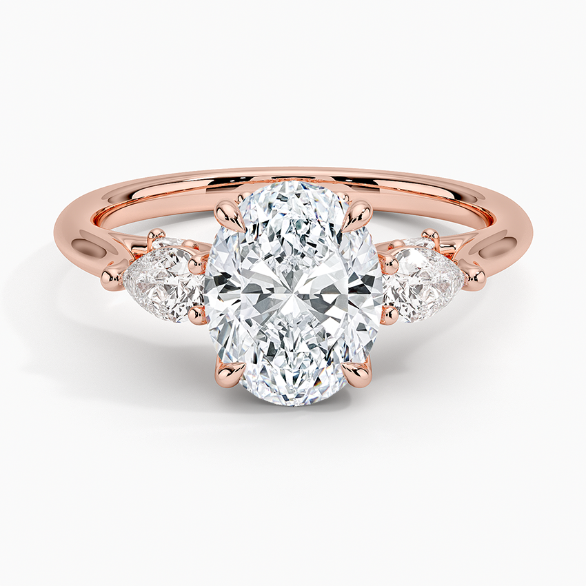 Oval Cut Diamond Three Stone Engagement Ring, Pear Side Stones Ring, Solid Gold Promise Ring