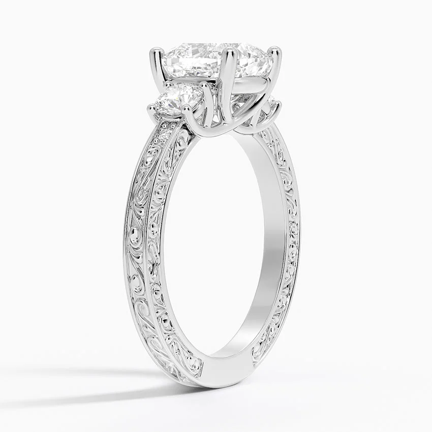 Vintage Three Stone Diamond Engagement Ring, Round Cut Center Diamond Ring, Floral Engraved Band