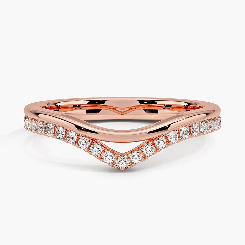 Chevron Diamond V Band Ring Set, Curved Wedding Band, Minimalist Stackable Ring