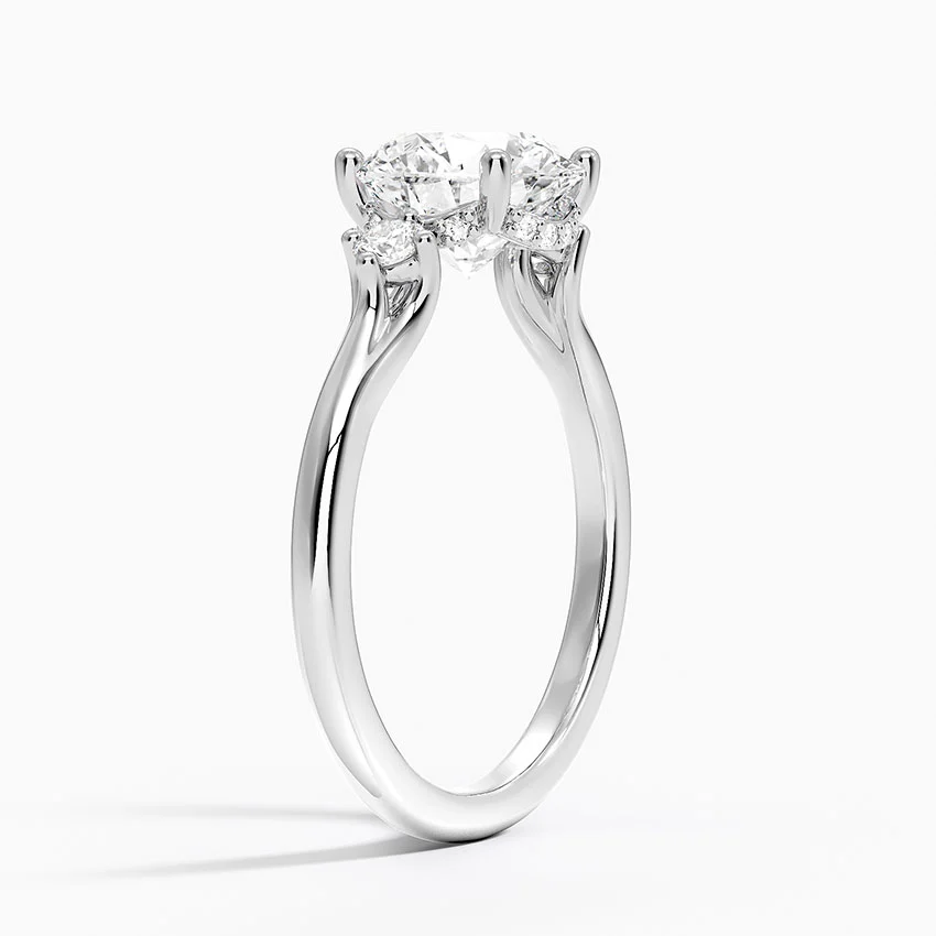 Round Cut Diamond Three Stone Engagement Ring, Solid Gold, Minimalist Side, Stone Ring